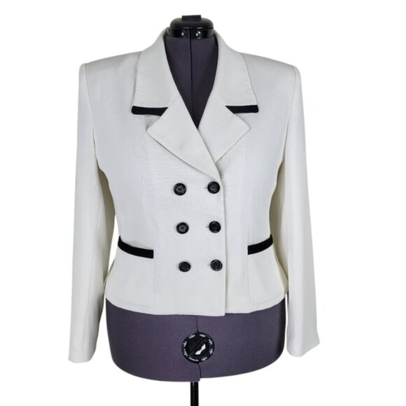 Kasper ASL Blazer 16 White Black Trim Double Breasted Front Slip Pockets Ribbed - Picture 9 of 9